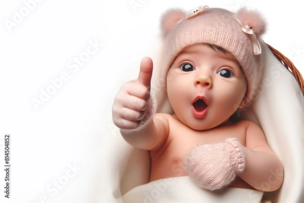 Fototapeta a surprised newborn baby giving a thumbs up Isolated on solid color bright background