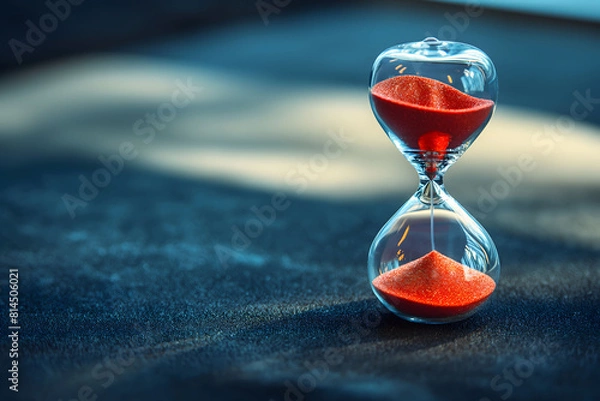Fototapeta A striking close-up of an hourglass with red sand, emphasizing the flow of time against a blurred blue backdrop