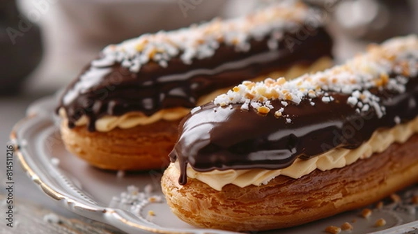 Obraz Elegant éclairs filled with vanilla pastry cream and dipped in chocolate glaze.