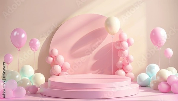 Fototapeta A playful pink podium surrounded by balloons, suitable for birthday or Mother's Day presentations in a pastel-themed stage environment