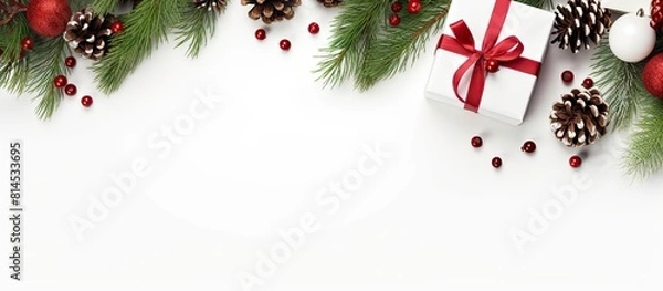 Obraz A festive arrangement for Christmas with presents showcased on a white background The top view offers an ample space for your text