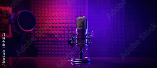 Fototapeta The sound recording studio showcases a professional microphone against a vibrant purple background making it a perfect backdrop for a podcast or recording studio There is ample copy space available fo