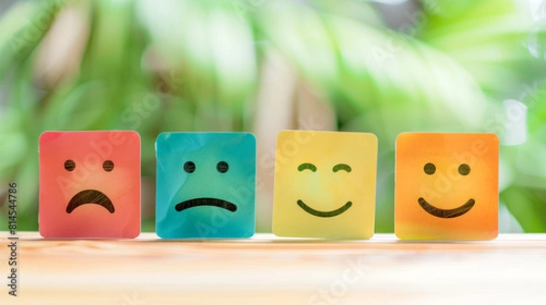 Fototapeta Four mood emoticons in red, blue, yellow, and green against a blurred green background, concept of emotional feedback and customer satisfaction survey.