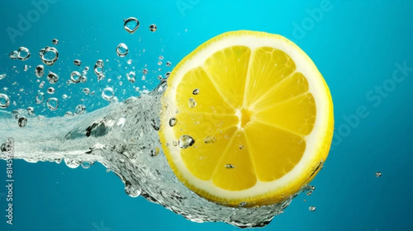 Fototapeta slices lemon with splash water, blue background