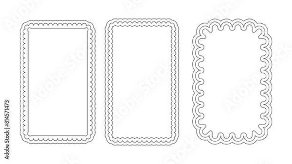 Fototapeta Scallop border vector. Rectangle shape lace wave frame. Squiggle cotton frill edge for retro wavy framework design. Curly groovy rectangular loop for story or label. Simple wiggle frilly doodle cutout