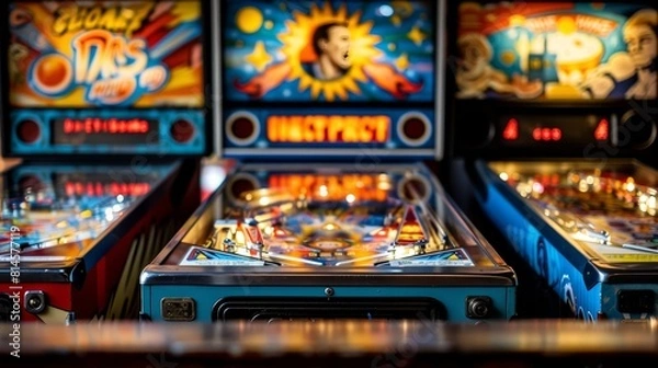 Obraz Row of classic pinball machines in an arcade, featuring vintage designs and colorful lights