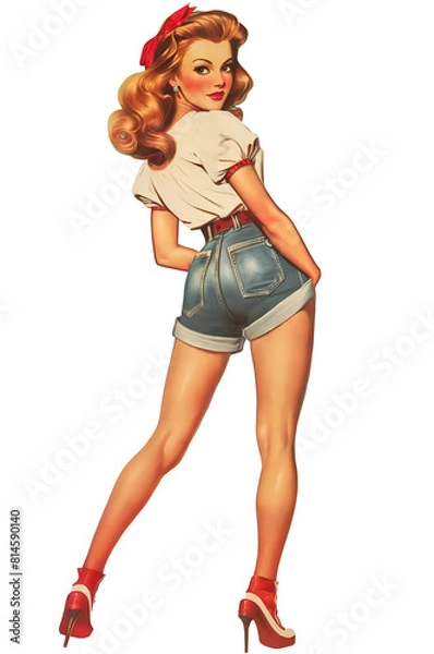 Obraz A vintage pin up girl wearing denim shorts striking a pose in a stylish and retro manner