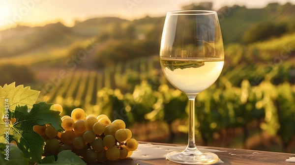Fototapeta A glass of crisp white wine against a backdrop of vineyards. Generative AI