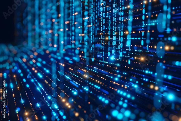Fototapeta Blue digital binary data displayed on a computer screen background.