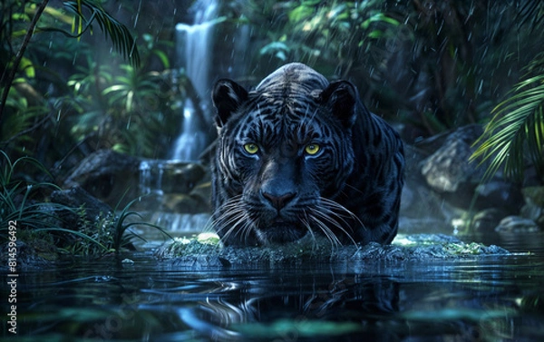Obraz A black leopard with yellow eyes stands in the water near a waterfall, is surrounded by rocks and green plants. The water is calm and the tiger appears to be staring at something