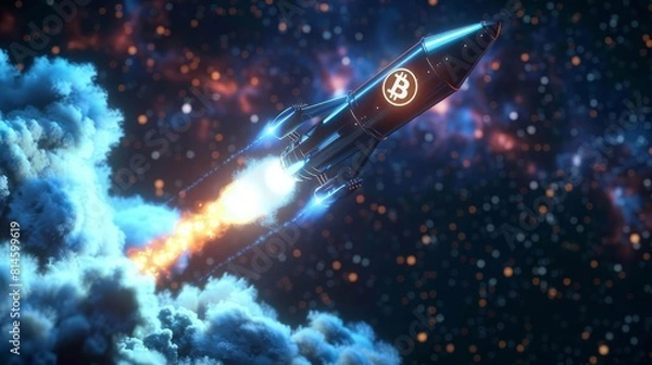 Fototapeta Animated rocket with a vibrant screen showcasing the Bitcoin logo as it prepares for interstellar travel