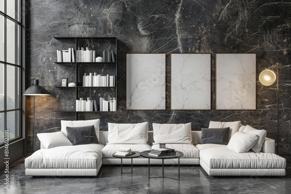 Fototapeta Living room interior in loft, industrial style, white cozy sofa with cushions, black book shelf with lamp, empty posters on wooden furniture, grey marble flooring. 3D Rendering