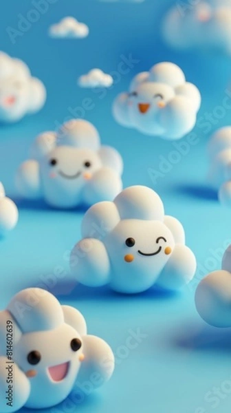 Fototapeta Happy Cloud Characters Floating in Blue Sky