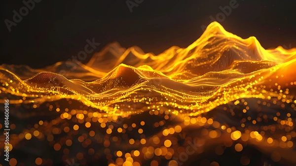 Fototapeta Digital landscape of glowing yellow data points and intricate network of lines