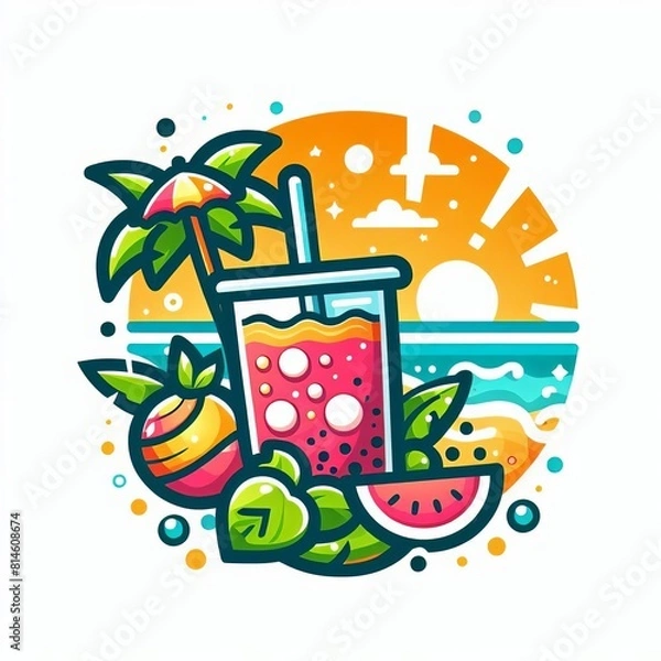 Fototapeta A vibrant and refreshing summer-themed logo featuring bubble tea with a white background

