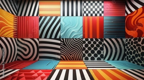 Obraz Optical illusions with colors overlapping shapes creating depth.