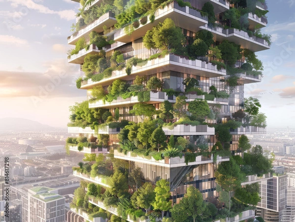 Fototapeta A tall building with a lot of trees on it
