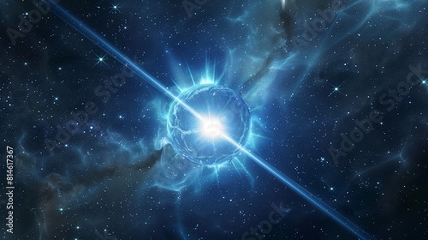 Fototapeta Pulsar star in space. Space visualization. Pulsar type, ray of blue star in galaxy, universe, sky. Astronomical illustration

