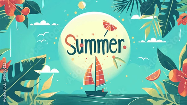 Fototapeta Summertime at the beach, bright and positive illustration banner. Summer vacation and tropical season beautiful card design with palm leaves decoration and text „Summer”