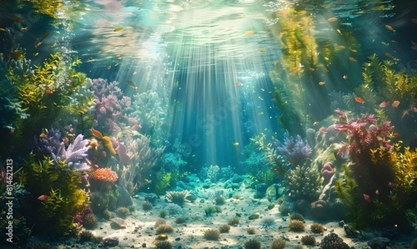 Fototapeta underwater scene with corals and plants in the water,  Generative AI