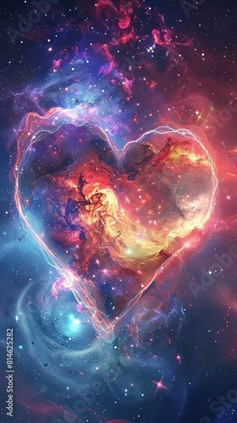 Fototapeta A celestial spectacle with love-themed galaxies arranged in a heart shape, bathed in technology-inspired hues. Ð¡osmic fusion. For Valentine's Day and International Women's Day on March 8th.