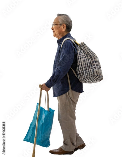 Obraz リュックサックを背負い、杖をついて歩いている日本人高齢男性の横からの立ち姿。