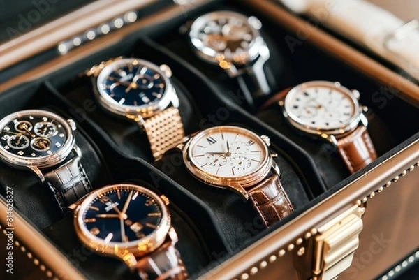 Obraz Multiple watches neatly organized in a leather case, showcasing a variety of styles and designs