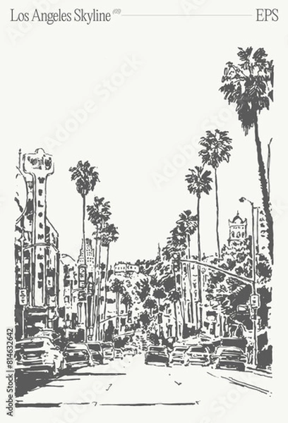Obraz Los Angeles California skyline. Street view with palm trees. Hand drawn vector illustration, sketch.
