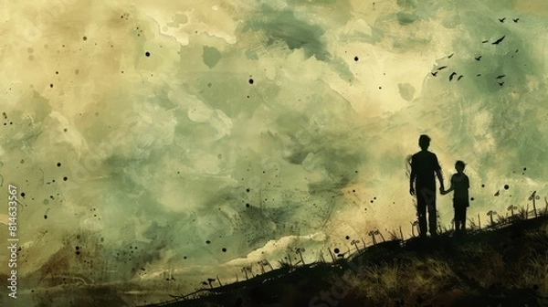 Obraz A man and child stand on a hill, gazing at the horizon