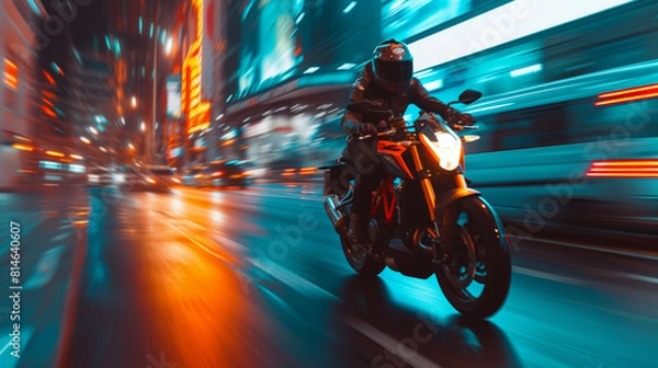 Fototapeta Motorcycle rider in helmet and gear racing at high speed on the nighttime background with motion blur