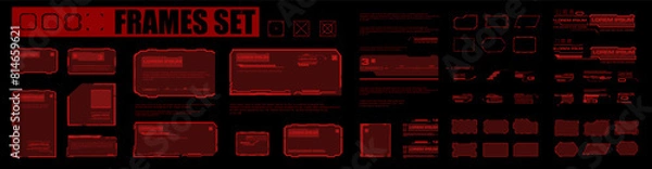 Obraz Big set red frames with complex elements and text. Graphical dialog boxes and frames for the user interface. Modern dialog boxes, frames and HUD interface elements. Vector set templates with frames