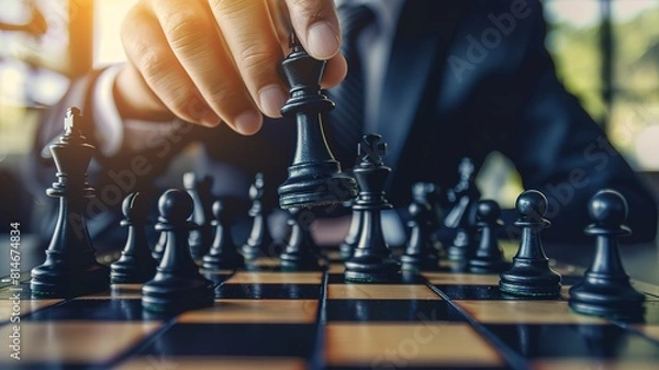Fototapeta businessman moves chess strategy in competition, strategy, management or successful leadership game concept