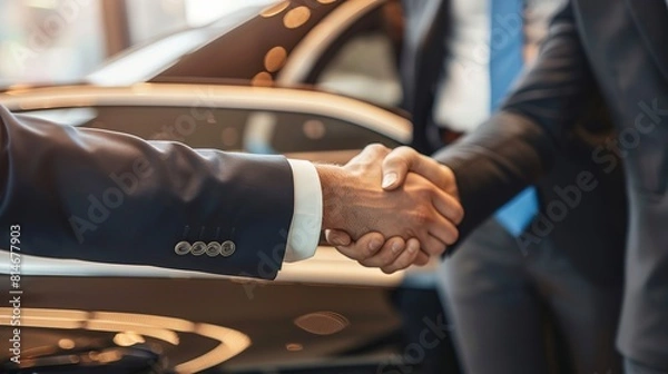 Fototapeta A person in a suit shakes hands with a chauffeur while standing in front of a car door. They are setting up a ride or travel accommodations.