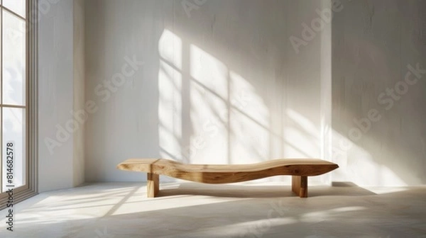 Fototapeta An open space with pristine white walls and a modern sculptural wood bench, placed subtly near a large window. Soft shadows dance across the floor, highlighting the wooden texture. Created Using:
