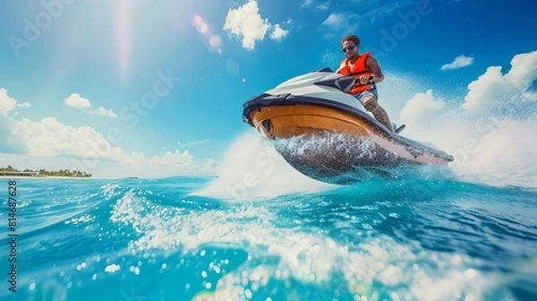 Fototapeta A young man enjoys a thrilling ride on a jet ski in the picturesque waters of a tropical ocean, creating an idyllic vacation memory.