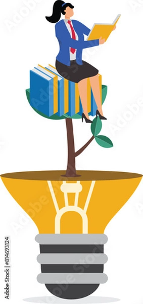 Fototapeta Learn more knowledge to grow and success, study to get new skill, businesswoman studying on a light bulb plant concept