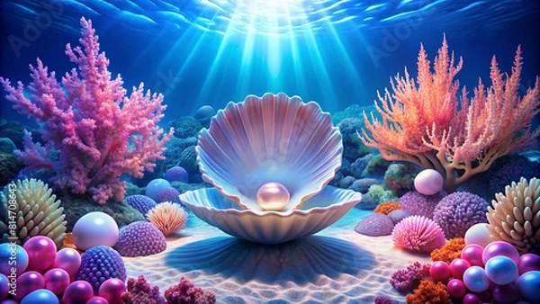 Fototapeta The props set up an underwater scene with pearl shells as a beautiful background.