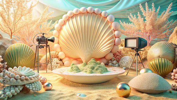 Fototapeta The props set up an underwater scene with pearl shells as a beautiful background.