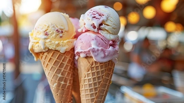 Obraz Colorful ice cream truck with assorted flavors in a charming seaside parlor setting