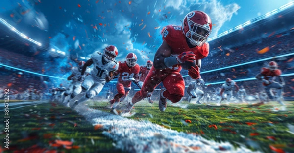 Fototapeta A group of football players in motion, sprinting across a grassy field during a match.