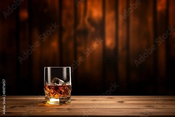 Fototapeta Elegant whiskey glass with ice on a wooden table, dark warm background