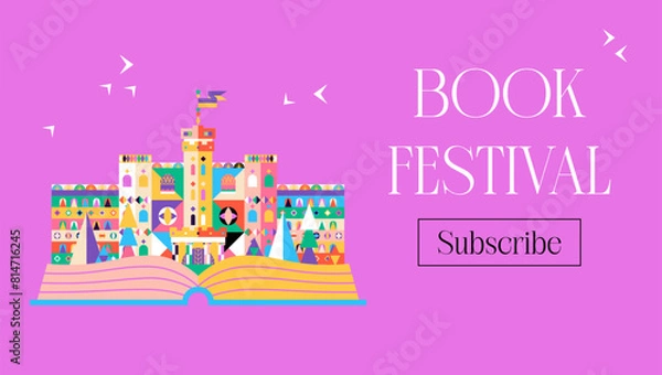 Fototapeta Book Festival Castle Banner. Vector Illustration of the Magical Fantasy Building with Open Book Promotion. Subscribe Button.