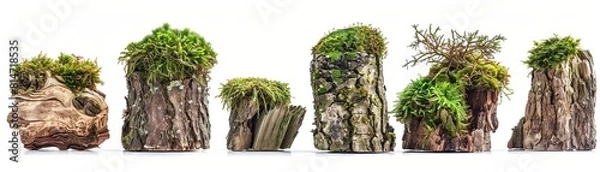 Fototapeta Set of 6 different moss covered tree stumps isolated on white background.