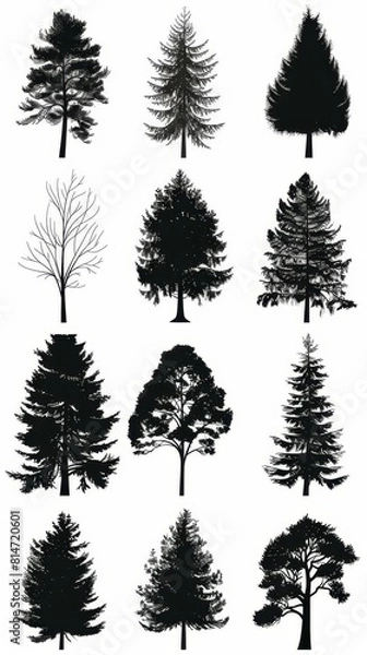 Obraz A collection of twelve black and white tree silhouettes. The trees are of various heights and shapes, and include both deciduous and coniferous trees.