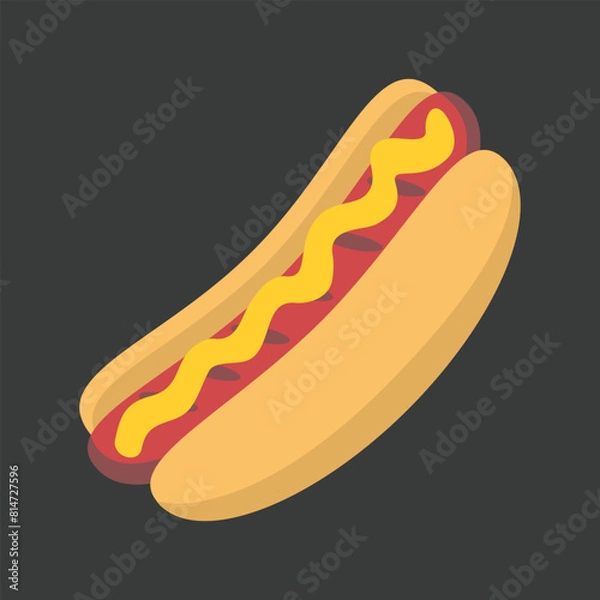 Fototapeta Hot Dog  food vector icon. Isolated cooked sausage of a hot dog in a sliced bun and drizzled with yellow mustard sign design.