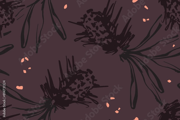 Fototapeta Abstract botanical pattern, pineapple bloom bouquet. Exotic plant foliage, vintage print. Linecut woodcut design tropical decorative nature pattern