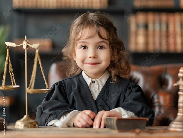 Fototapeta Happy young girl dressed as judge in library, surrounded by books