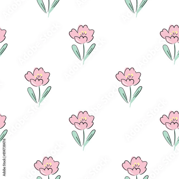 Obraz Cute little pink flowers on the blue background seamless pattern vector illustration