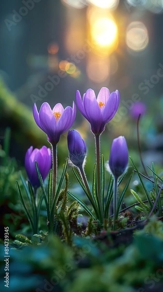 Fototapeta crocus wildflower field in forest springtime flower blossoming vertical 9:16 ratio background, beautiful nature collection set, Generative Ai	
