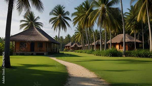 Obraz Sunlit Tropical Beach with Lush Palms and Rocks. Generative AI.